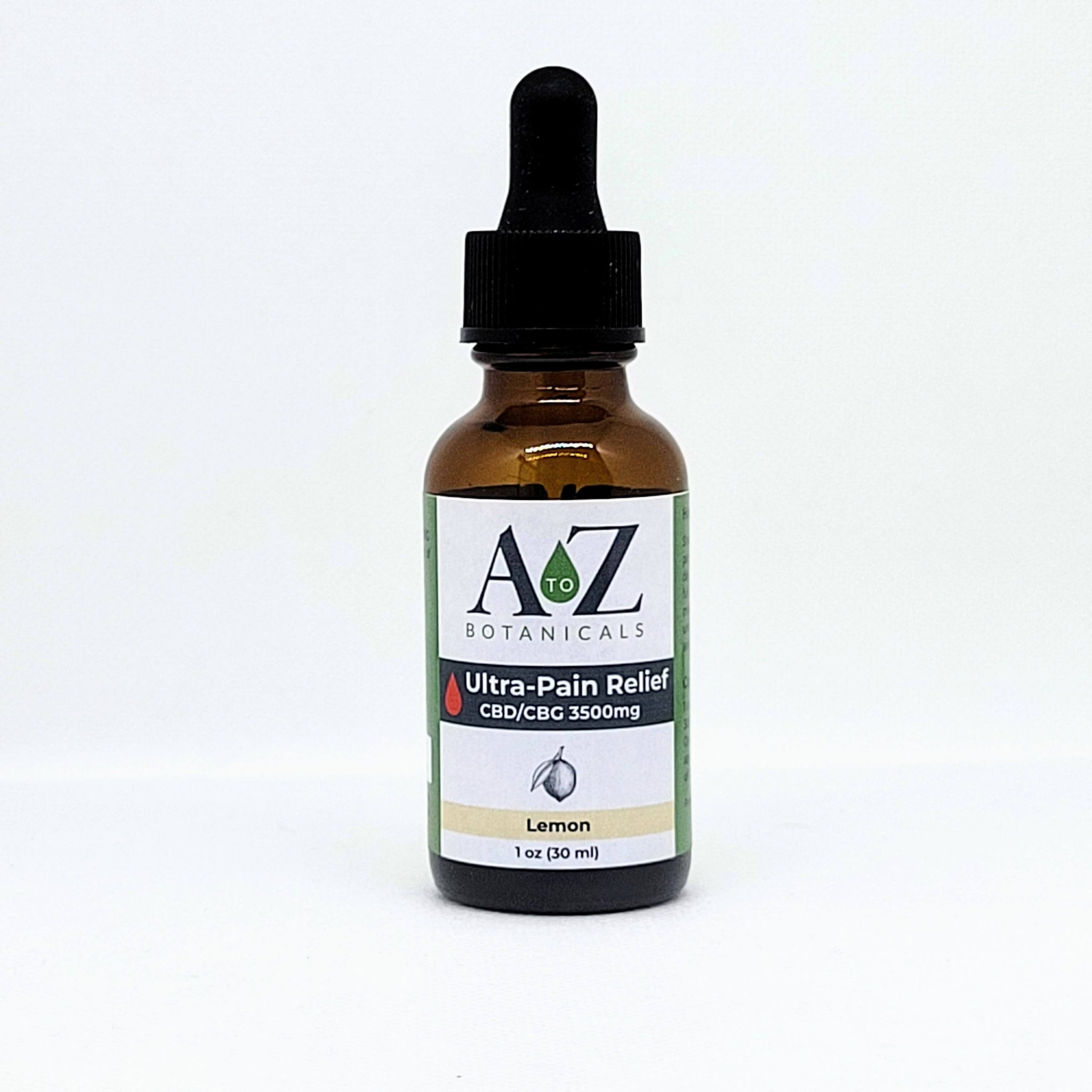 A to Z Botanicals Lemon Ultra-Pain Relief CBD/CBG 3500mg Oil Dropper Bottle on a white background.