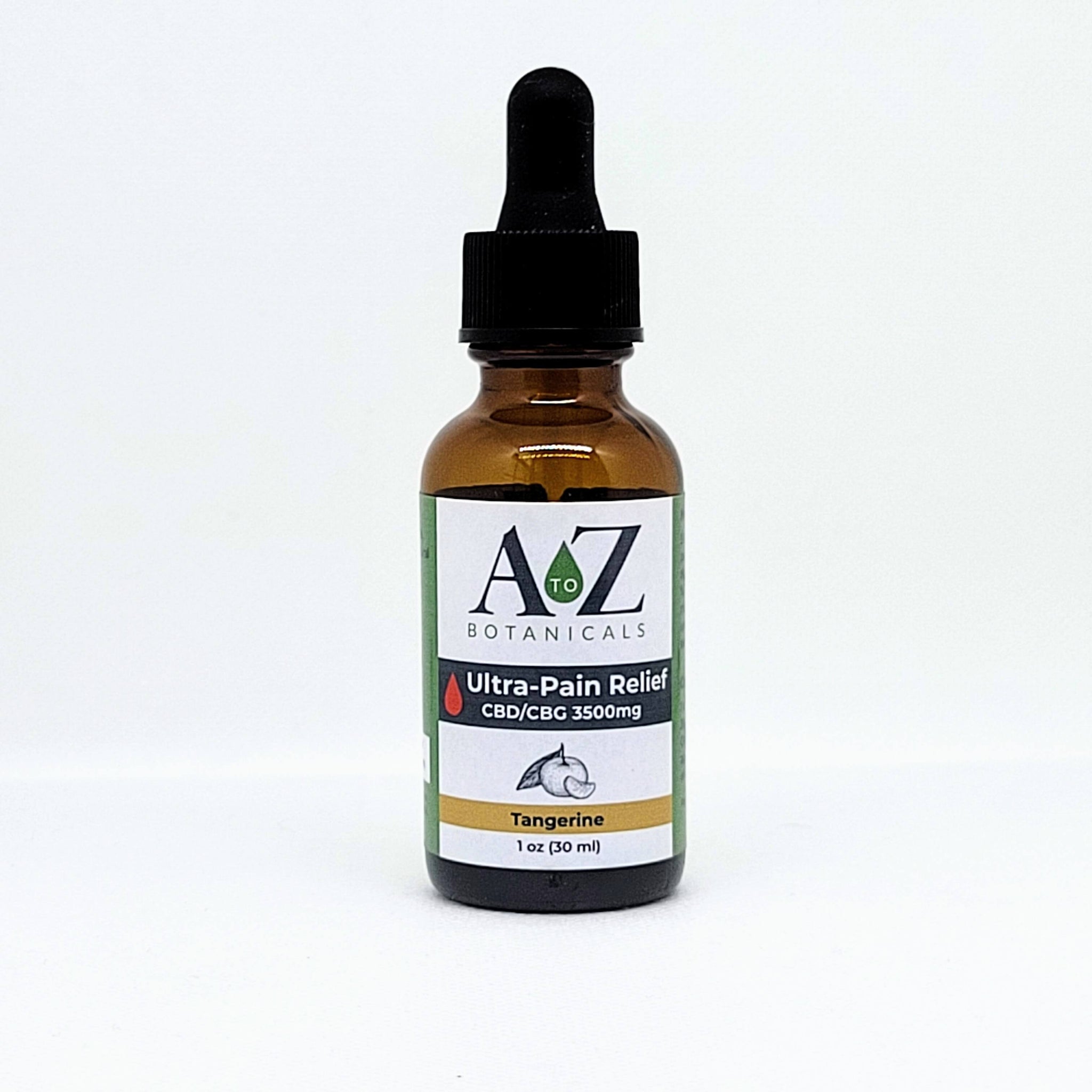 A to Z Botanicals Tangerine Ultra-Pain Relief CBD/CBG 3500mg Oil Dropper Bottle on a white background.