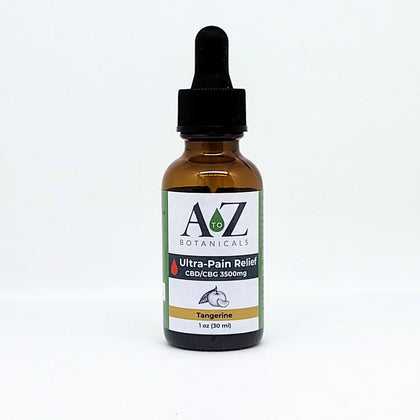 A to Z Botanicals Tangerine Ultra-Pain Relief CBD/CBG 3500mg Oil Dropper Bottle on a white background.
