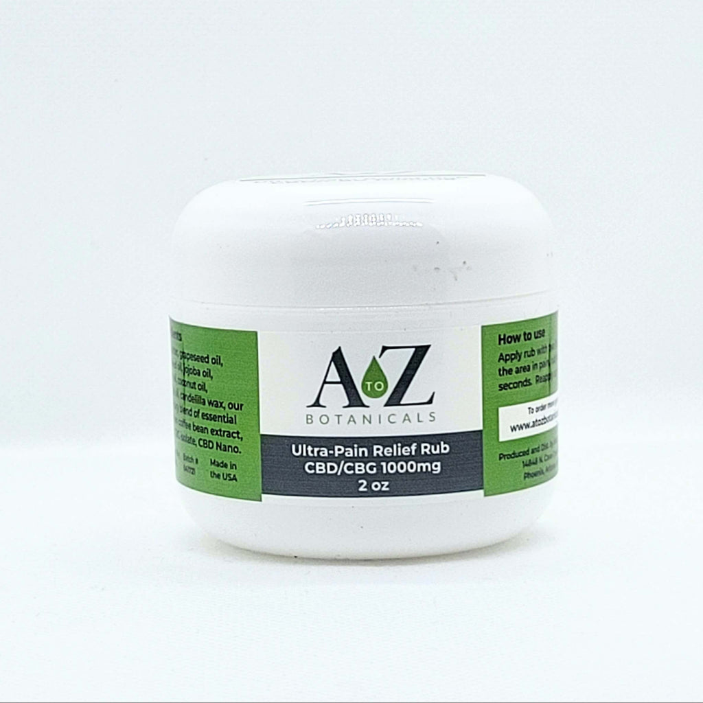 2 oz container of A to Z Botanicals CBD/CBG 1000mg Ultra-Pain Relief Rub, ideal for natural joint and muscle pain alleviation, against a white backdrop.