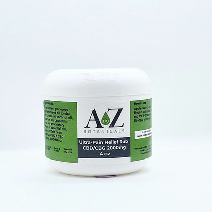 4 oz A to Z Botanicals Ultra-Pain Relief Rub container featuring 2000mg CBD/CBG, THC-free, for arthritis and muscle pain relief, on white background.