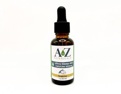 A to Z Botanicals Ultra-Sleep Aid CBD/CBN 1200mg Tincture in Tangerine flavor, isolated on a white background.